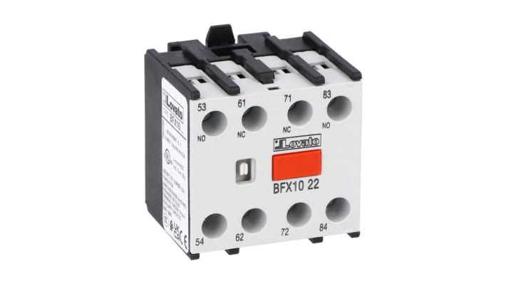 Blocco contatti ausiliari Lovato BFX1022, 4 contatti (2NC + 2NO), montaggio a innesto, corrente 10 A, tensione 690 V, grado di protezione IP20.