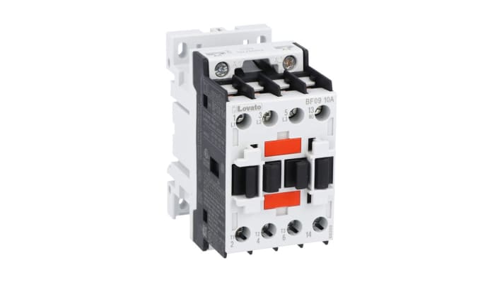 Contattore Lovato BF0910A024, 3 poli, 9 A, bobina 24 V c.a., montaggio su guida DIN, dimensioni 45x81x80.7 mm.