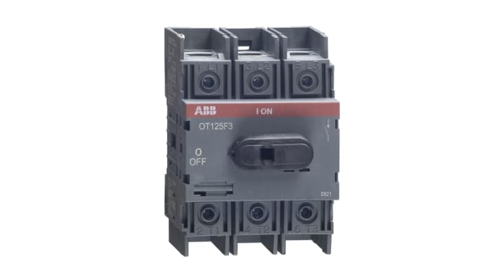 Interruttore di isolamento ABB OT125F3, 3 poli, 125A, montaggio su guida DIN, dimensioni 100x70x74 mm, protezione IP20.