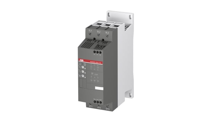 ABB 1SFA896114R7000, avviatore soft-start manuale trifase, potenza 45 kW, corrente 85 A, dimensioni 220 x 180 x 70 mm.