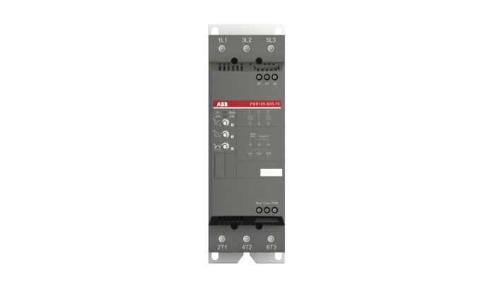 ABB 1SFA896115R7000, avviatore soft-start manuale 3 fasi, potenza 55 kW, corrente 105 A, montaggio su guida DIN, dimensioni 180x70x220 mm.