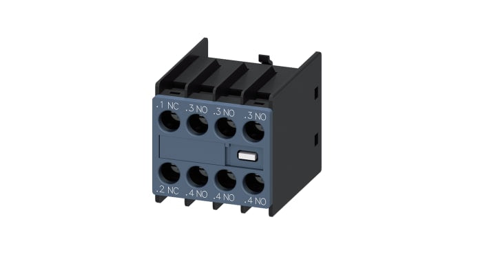 Contatto ausiliario Siemens 3RH2911-1HA31, 4PST, tensione nominale 690V, montaggio a innesto. Affidabile e compatto per relè e contattori.