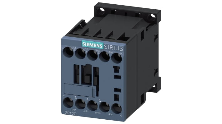 Contattore Siemens 3 poli 7A 3kW 24V CA per avviamenti motori - Modello 3RT2015-1AB01, resistente alle sovratensioni, montaggio su guida DIN.