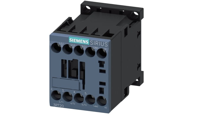 Contattore Siemens 3RT2017-1AF01, 3 poli, 12A, 5,5 kW, 110V c.a. per motori trifase. Resistente agli urti e a lunga durata.