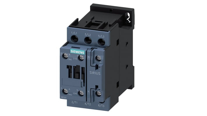 Contattore Siemens 3RT2024-1AF00, 3 poli, 12 A, 5,5 kW, montaggio su guida DIN, dimensioni 85x45x97 mm.