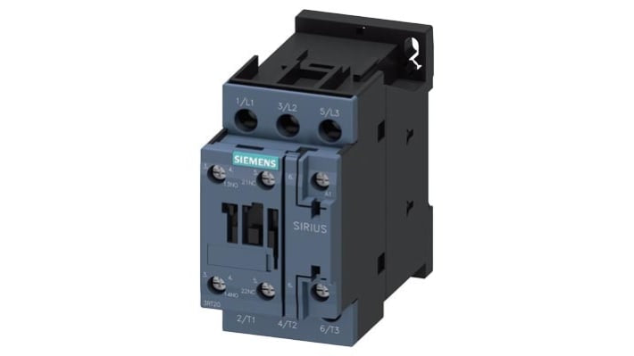 Contattore Siemens 3RT2026-1AB00 3 poli 25A 11kW 24V c.a. - Serie SIRIUS per motori industriali.