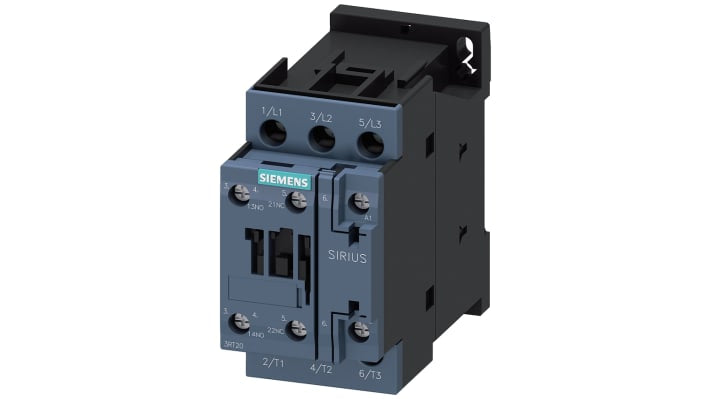Contattore Siemens 3RT2026-1AF00, 3 poli, 25 A, bobina 110 V c.a., montaggio su guide DIN, dimensioni 45x85x97 mm.