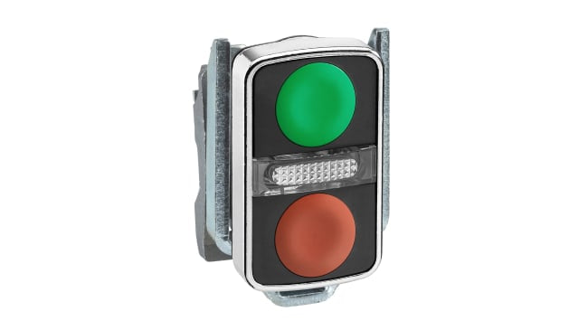 Testa Pulsante Doppio Ritorno a Molla Harmony XB4 Verde/Rosso Schneider Electric ZB4BW7A3740 - IP65/66, Serie Modulare XB4, Installazione Semplice.