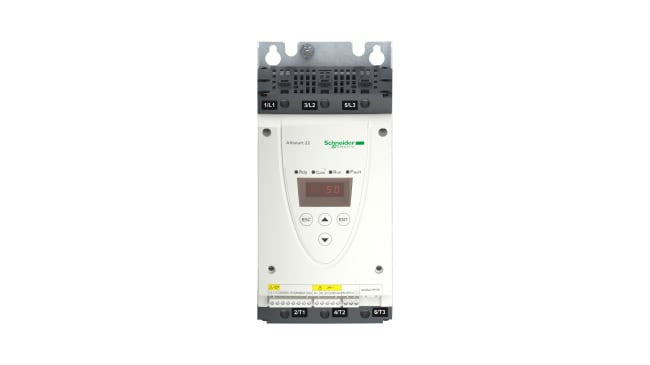 Avviatore soft-start trifase Schneider Electric ATS22D17Q, potenza 7,5 kW, corrente 17 A, dimensioni 265x130x169 mm.