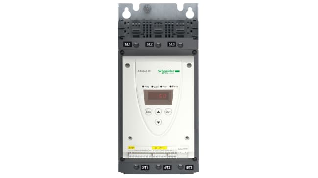 Avviatore soft-start trifase Schneider Electric ATS22D88Q, potenza 45 kW, corrente 88 A, dimensioni 247x145x295 mm, grado di protezione IP20.