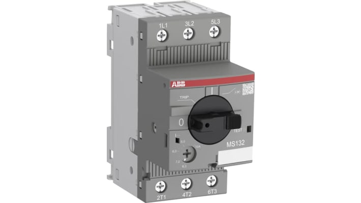 Interruttore automatico del motore ABB 1SAM350000R1009 MS132-6.3, 3 poli, corrente 4-6,3 A, montaggio su guida DIN, dimensioni 90x45x81,25 mm.