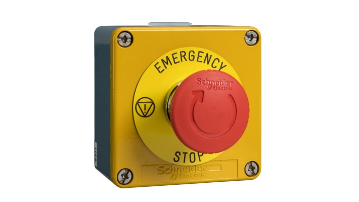 Pulsante di arresto di emergenza Schneider Electric Harmony XAP, rosso con custodia gialla, montaggio superficiale, IP65.