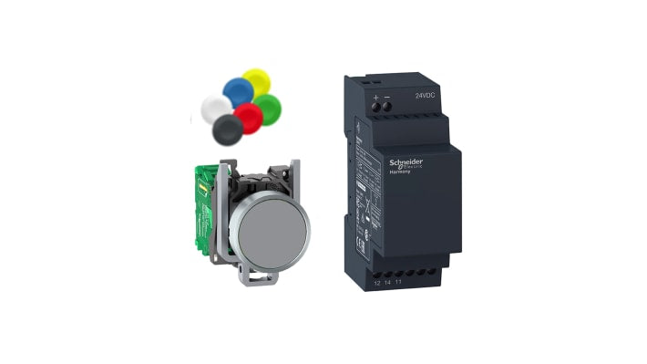 Pulsante montaggio a pannello Schneider Electric XB4RFB01, 24 V, testa in metallo, diametro foratura 22 mm, sincronizzabile fino a 32 unità.