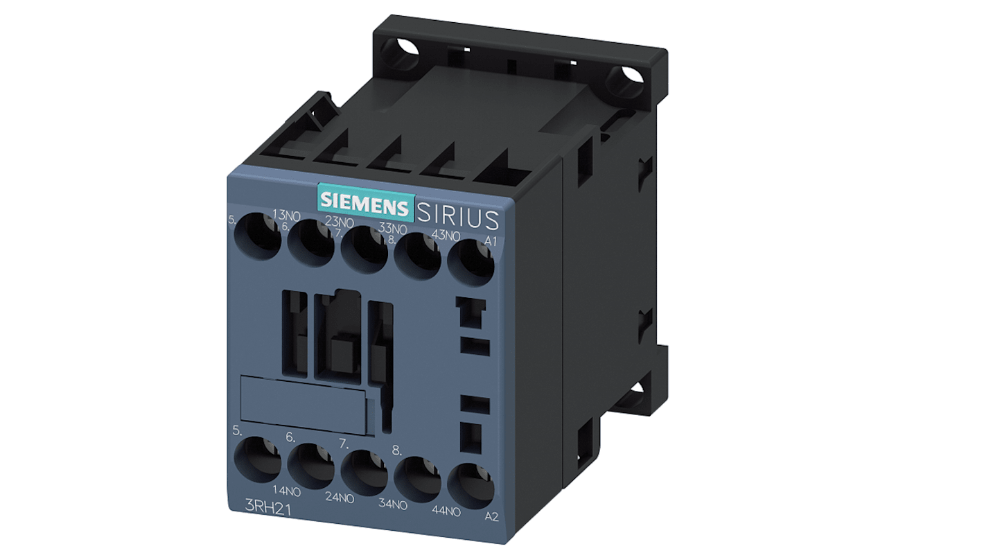 Contattore Siemens 3RH2140-1AF00, 4 poli, 10 A, bobina 110 V c.a. per motori e illuminazione. Dimensioni compatte, ritardo apertura 4-15 ms, IP20.