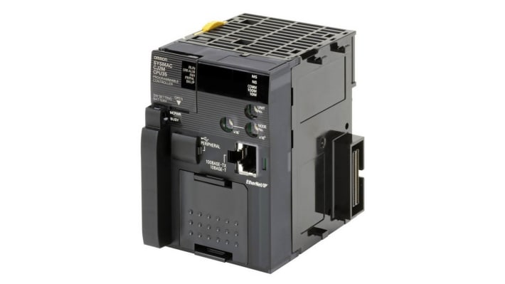 Omron CJ2M-CPU31, CPU PLC compatto 62 x 95,4 x 84,5 mm, supporta 40 I/O, USB ed Ethernet, programmazione versatile.
