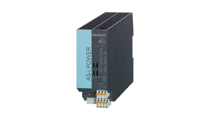 Alimentatore PLC Siemens 3RX9501-0BA00, 3 A, 120-230 V c.a., montaggio su guida DIN, dimensioni 125 x 50 x 125 mm.