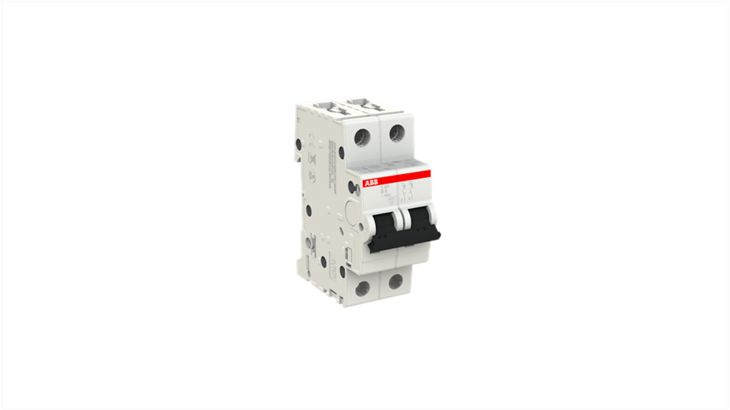 Interruttore magnetotermico ABB S202-B6, 2P 6A, 6 kA, montaggio su guida DIN, dimensioni 88x35x69 mm, Tipo B.