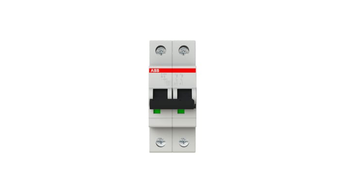 Interruttore magnetotermico ABB S202-B6, 2P 6A, 6 kA, montaggio su guida DIN, dimensioni 88x35x69 mm, Tipo B.