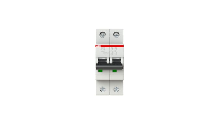 Interruttore magnetotermico ABB Tipo B, 2P 16A, montaggio su guida DIN, dimensioni 69 x 35 x 88 mm, protezione IP20.
