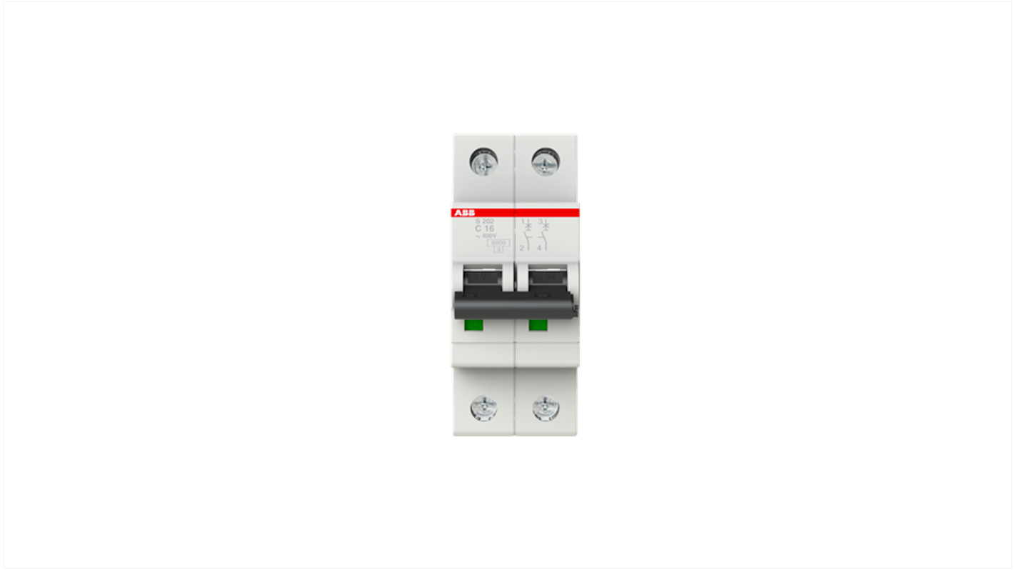 Interruttore magnetotermico ABB S202-C16, 2P 16A, 6 kA, montaggio su guida DIN, dimensioni 35x88x69 mm, grado di protezione IP20.