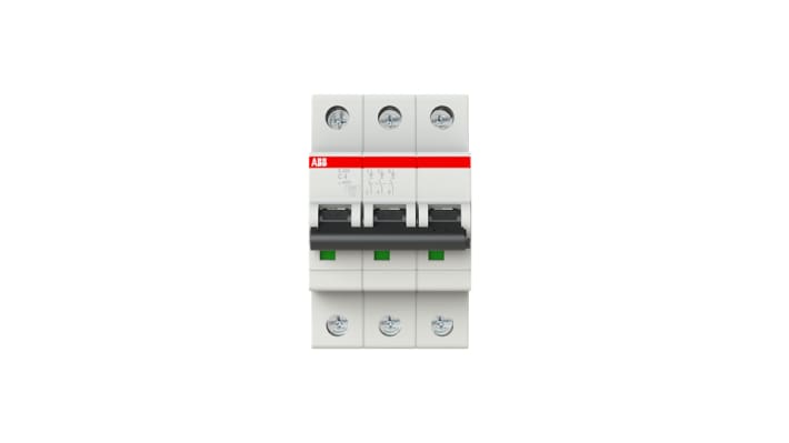 Interruttore magnetotermico ABB S203-C4, 3 poli, 4A, 6 kA, montaggio su guida DIN, dimensioni 69x53x88 mm, grado di protezione IP20.