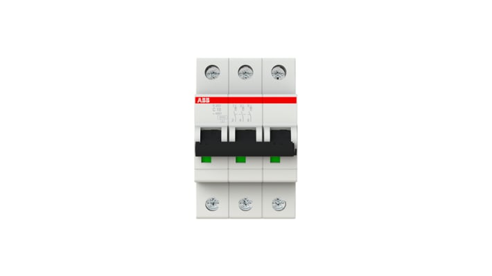 Interruttore magnetotermico ABB S203-C10, 3 poli, 10 A, montaggio su guida DIN, dimensioni 88x53x69 mm, grado di protezione IP20.
