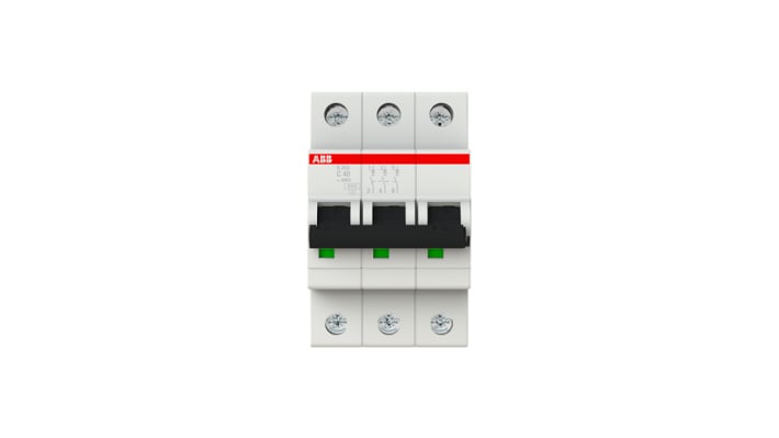 Interruttore magnetotermico ABB S203-C40, tripolare, 40A, montaggio su guida DIN, larghezza 52.5mm, indicatori di stato.