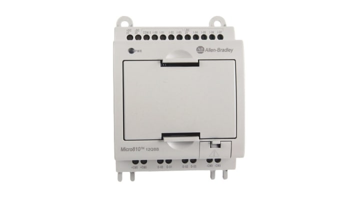 CPU PLC Allen Bradley Micro810 (cod. 2080-LC10-12QBB) con 8 ingressi, 4 uscite e 12 I/O a 24 V c.c. per applicazioni compatte.