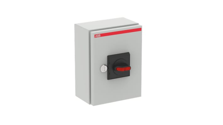 Interruttore di isolamento ABB OT63TPN-A, 3 poli + neutro, 63A, IP65, dimensioni 300x300x150mm, manico a pistola, lucchettabile.