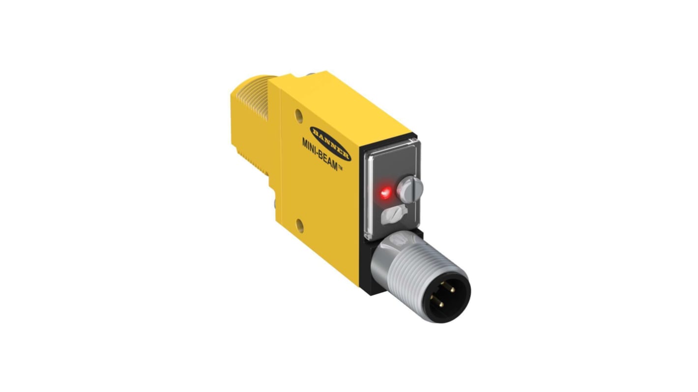 Sensore fotoelettrico rettangolare Banner SM312LVQD, rilevamento fino a 5 m, uscita NPN/PNP, grado di protezione IP67.