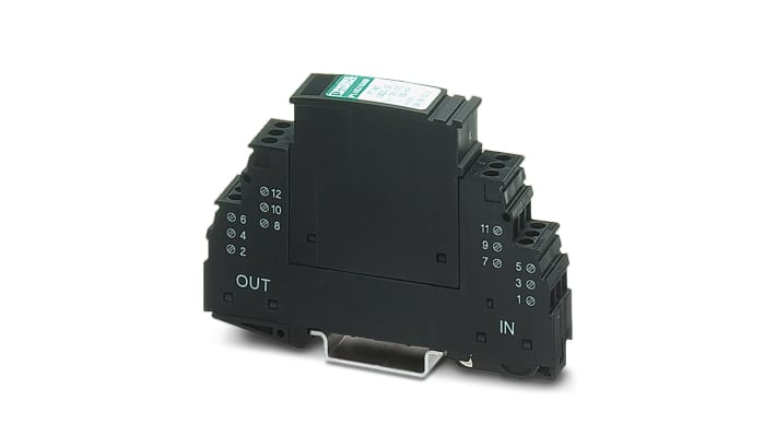 Tappo protettivo PT Phoenix Contact 2838322, connettore maschio per protezione sovratensioni, 24 V c.c., dimensioni 17,7 x 45 x 52 mm.