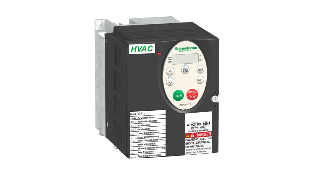 Inverter trifase Schneider Electric ATV212HU22N4, potenza 2,2 kW, dimensioni 143 x 107 x 150 mm, grado di protezione IP21.