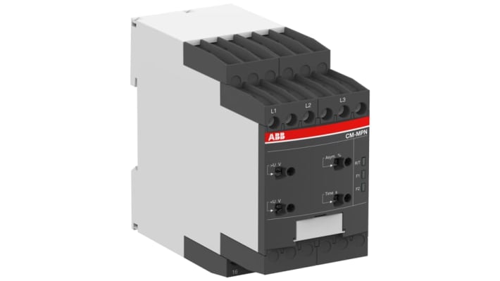 Relè di monitoraggio ABB CM-MPN, 3 fasi, tensione 350-580 V CA, montaggio su guida DIN, dimensioni 104,8 x 45 x 85,6 mm.