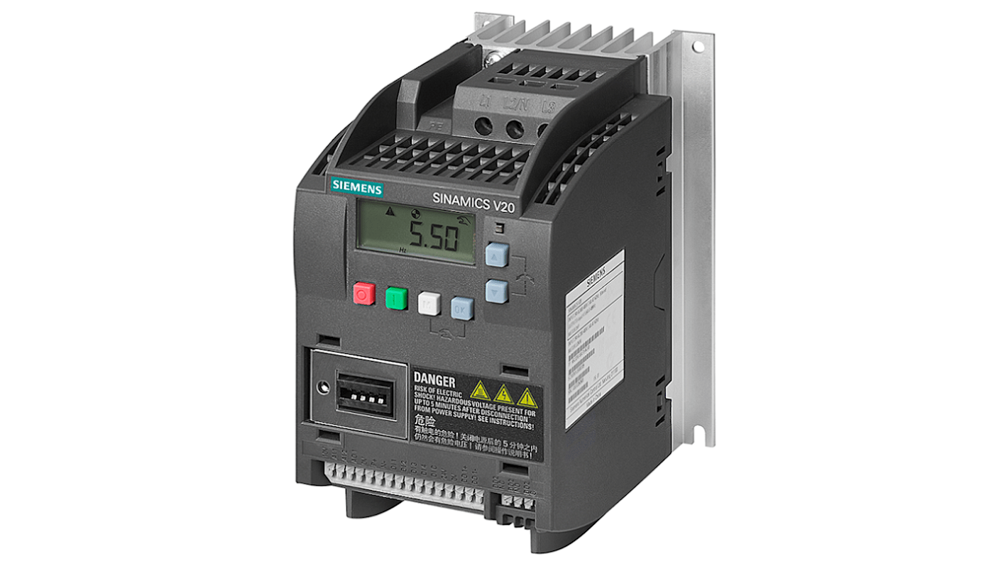 Inverter Siemens 6SL3210-5BE15-5CV0, trifase 0,55 kW, montaggio a parete, dimensioni 150x146x90 mm, comunicazione Modbus.