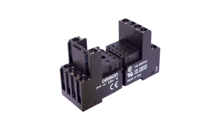 Zoccolo per relè Omron PYF14ESNB, con 14 contatti, montaggio su guida DIN, dimensioni 75 x 27 x 42,5 mm, corrente 12 A.