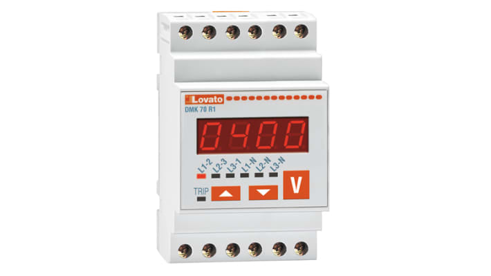 Voltmetro digitale Lovato DMK70R1, display LED 4 cifre, montaggio su guida DIN, precisione ±0,25%, grado di protezione IP40.