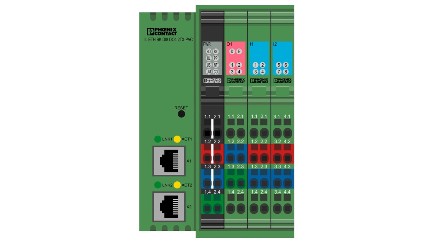 Accoppiatore bus Phoenix Contact IL ETH BK DI8 DO4 2TX-PAC per reti Modbus/TCP, 8 ingressi digitali, 4 uscite digitali, montaggio su guida DIN.