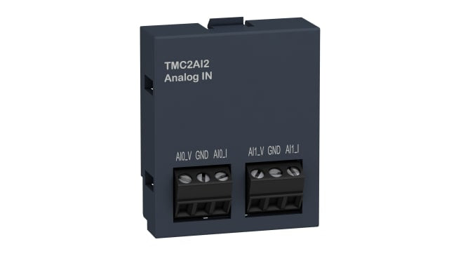 Modulo I/O PLC Schneider Electric TMC2AI2, 2 ingressi analogici, dimensioni 41 x 15 x 35 mm, installazione semplice.