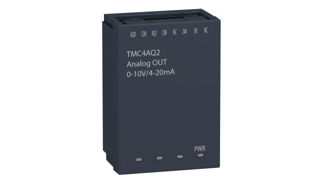 Modulo I/O PLC Schneider Electric TMC4AQ2, 2 uscite analogiche 16 bit, dimensioni 50 x 21 x 34 mm, compatibile con Modicon M241.
