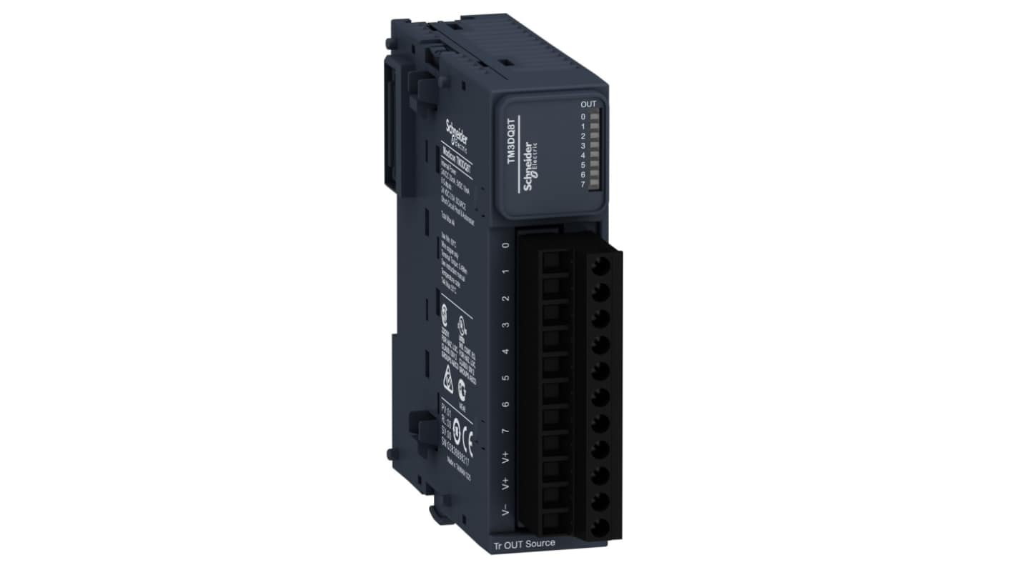 Modulo I/O PLC Schneider Electric TM3DQ8T - 8 uscite digitali per Modicon M221, M241 e M251. Isolamento 500V, LED di stato, ideale per automazione industriale.