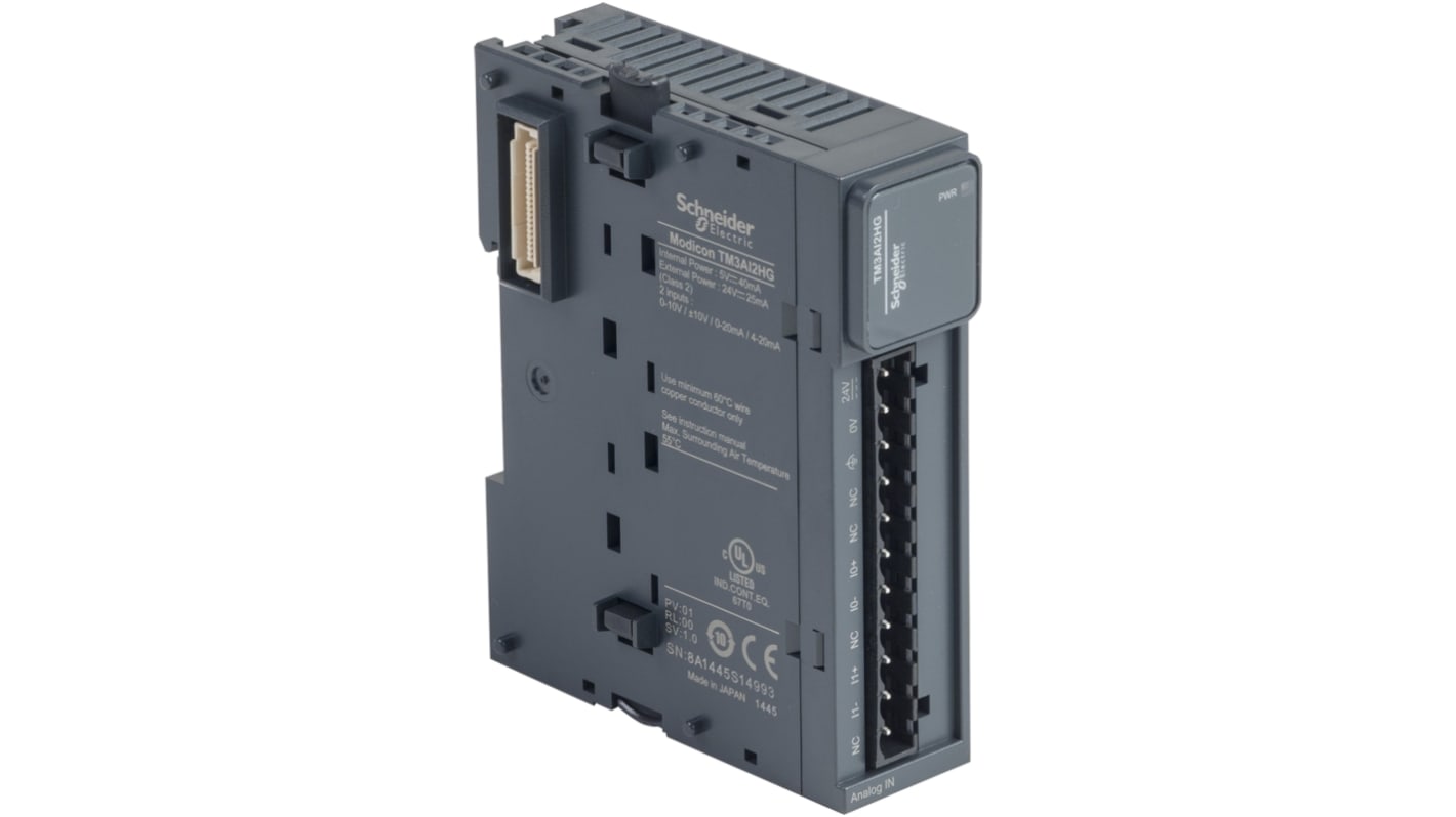 Modulo I/O PLC Schneider Electric TM3AI2HG FC4A - 2 ingressi analogici per Modicon M221, M241 e M251 - Corrente, tensione - Montaggio facile - Precisione ±0,5% - Ideale per produzione alimentare, avviamento motore, ingegneria aerospaziale.