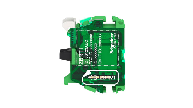 Trasmettitore a pulsante Schneider Electric ZBRT1, corpo verde, dimensioni 41,5 x 30 x 43 mm, protezione IP30.