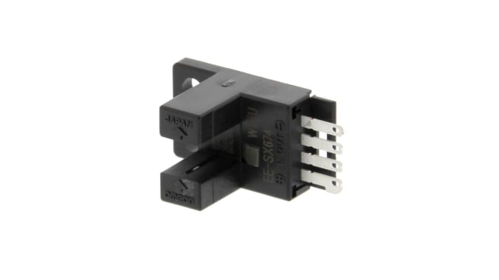 Sensore fotoelettrico a forcella Omron EE-SX674, rilevamento 5 mm, uscita NPN, alloggiamento plastico, indicazione LED.