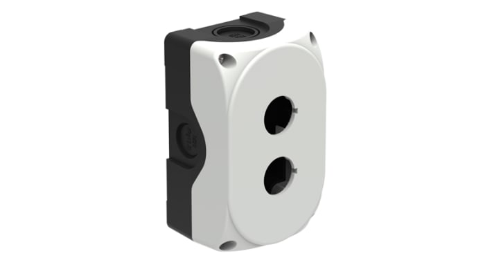 Scatola per pulsante Lovato LPZP2A8, 2 fori da 22mm, in policarbonato grigio, protezione IP66/IP67/IP69K, dimensioni 56x72x117mm.