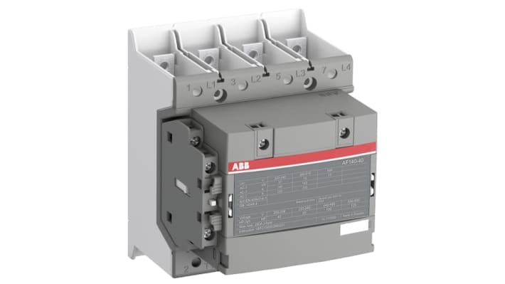 Contattore ABB 1SFL447102R1311 AF140-40-11B-13, 4 poli, 200 A, 75 kW, 690 V, dimensioni 120 x 150 x 128 mm.