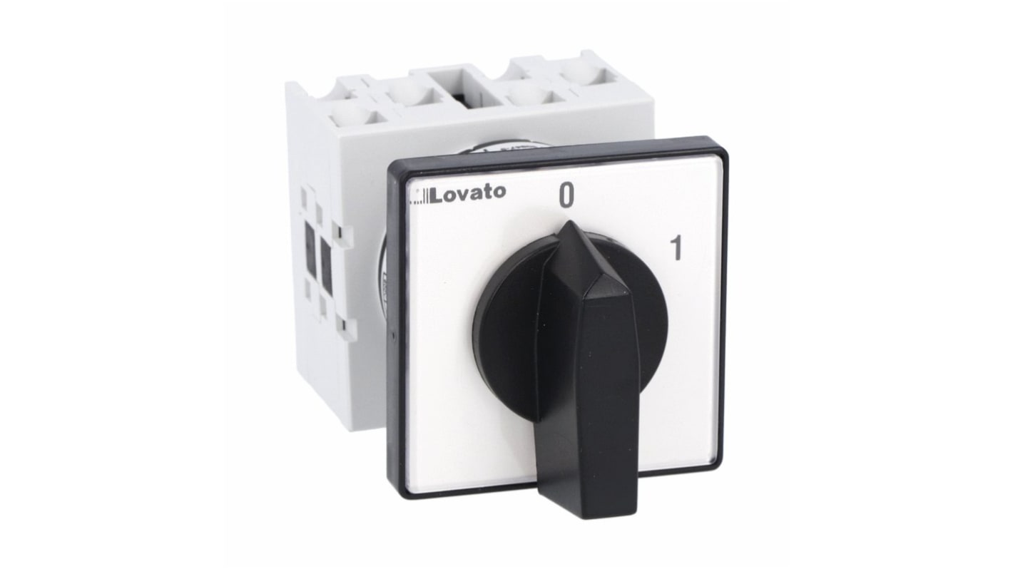 Interruttore a camma bipolare Lovato GX2091U, 20A, 690V, montaggio frontale, dimensioni 48 x 48 x 70,5 mm. Adatto per quadri elettrici.