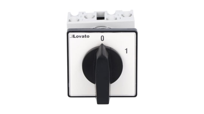 Interruttore a camma bipolare Lovato GX2091U, 20A, 690V, montaggio frontale, dimensioni 48 x 48 x 70,5 mm. Adatto per quadri elettrici.