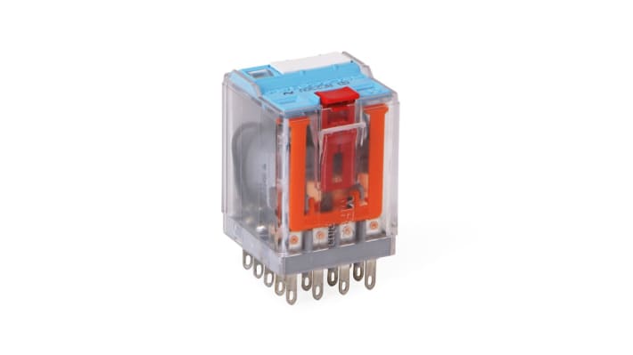 Relè di potenza Turck C4-A40FX/024VDC, 4PDT, bobina 24V cc, dimensioni 35x35x52.5mm, corrente 6A, temperatura -40°C/+70°C.