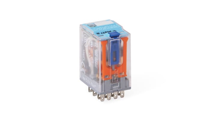 Relè di potenza Turck C9-A41DX, 4PDT, 24V cc, 10A, montaggio a innesto, dimensioni 21mm x 37,5mm x 28mm.