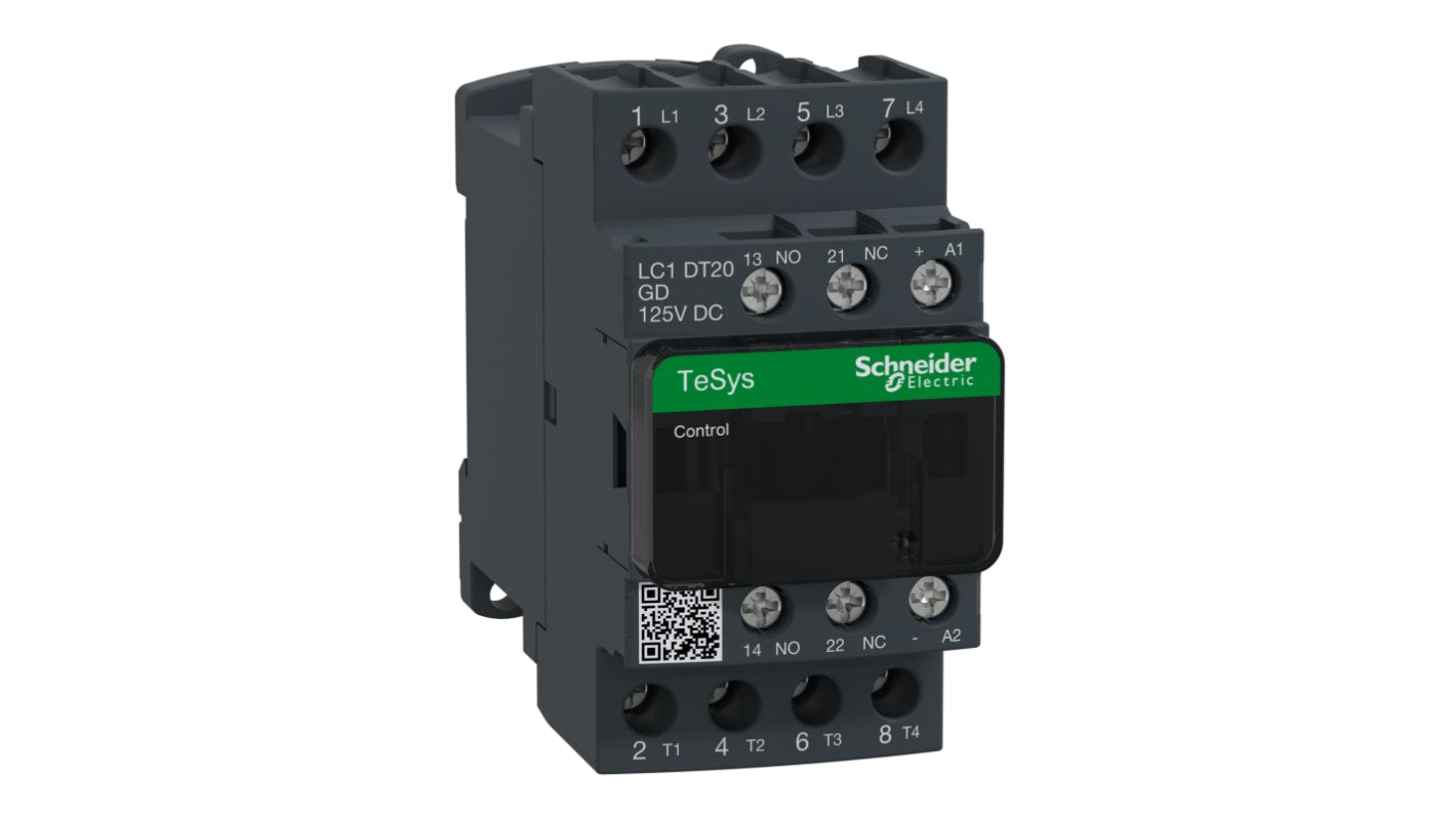 Contattore Schneider Electric LC1DT20GD, 4 poli, 20 A, montaggio su guida DIN, dimensioni 45 x 85 x 99 mm.